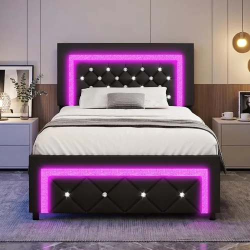 Vista 3 de BarnFurin Marco de cama Twin con luces LED, cama de plataforma tapizada con cabecera capitonada de diamante, no necesita somier, sin ruido, fácil