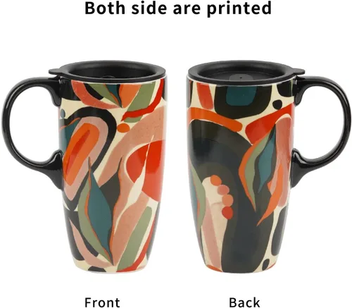 Vista 9 de DUSVALLY Taza de viaje de cerámica de 17 onzas con tapa, taza de café de arte abstracto, taza de té moderna de mediados de siglo con asa, apta