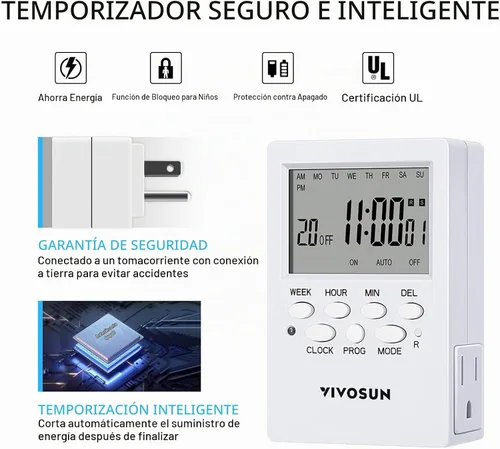 Vista 5 de VIVOSUN Toma de temporizador digital, temporizador digital programable de 7 días con 2 salidas independientes, 3 puntas, 20 grupos de programas