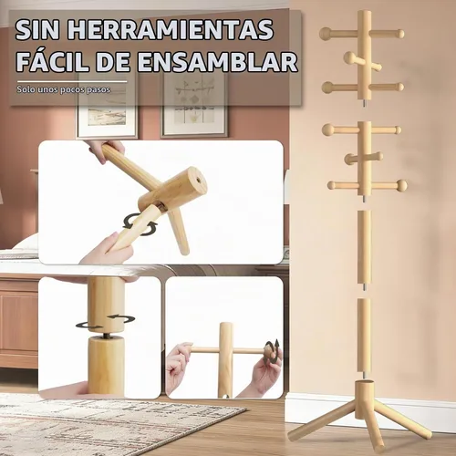 Vista 3 de Perchero de madera independiente con 12 ganchos, 3 alturas ajustables, perchero de pie para sombrero y perchero para espacios pequeños, entrada