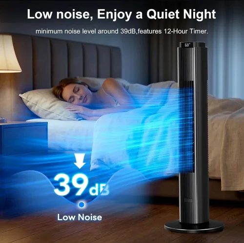 Vista 6 de Antarctic Star Ventilador de torre portátil sin aspas de 37 pulgadas oscilante de 80°, enfriamiento silencioso con control remoto de temporizador