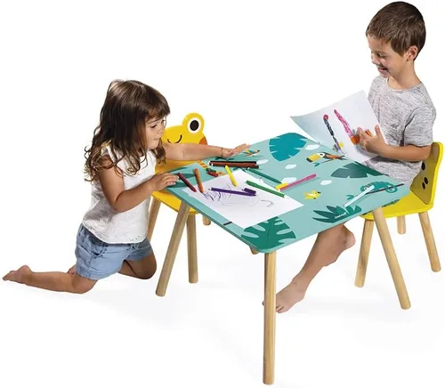 Vista 6 de Janod - Mesa Tropik de Madera y 2 Sillas - Mueble Infantil - Mesa: 21,65 x 21,65" - 1 Silla Jaguar y Rana - Pinturas a Base de Agua - 3 Años + J08273