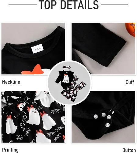 Vista 6 de Conjunto de ropa de Halloween para recién nacido, con volantes, tirantes, calabaza, murciélago, fantasma, falda con diadema