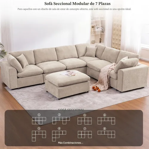 Vista 3 de Sofá modular de gran tamaño, sofá esquinero grande de 7 plazas, moderno sofá modular en forma de U con sofás otomanos de nube para sala de estar