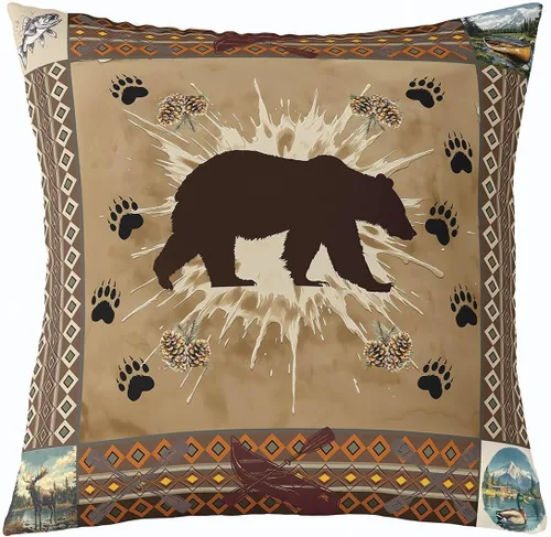 Vista 33 de Cartoon Bear Pillow Cover Cute Wild Animal Paw Print Cushion Cover for Kids Boys Girls Teens Jungle Pine Trees Silhouette Cabin Pillow Case for