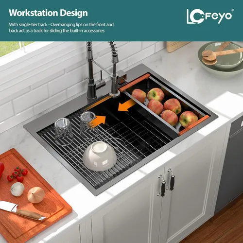 Vista 3 de Fregadero de cocina negro de 30"x19", estación de trabajo con revestimiento nano, acero inoxidable 304 calibre 16, hecho a mano, montaje superior