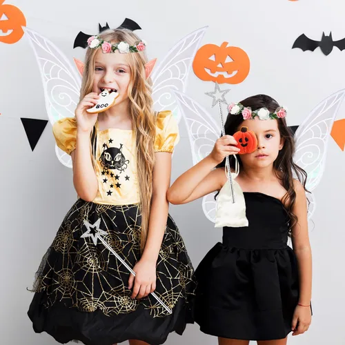 Vista 4 de MOVINPE Halloween Fairy Wings Elf Ears Fairy Wand Floral Headband Lace Sleeve Little Bag Dress Up Accessories for Women Girls
