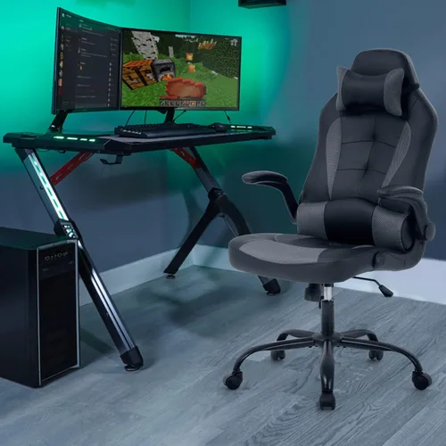 Vista 2 de Sillas de juegos para adultos, silla giratoria de piel sintética, ajustable, con soporte lumbar, reposabrazos abatibles, reposacabezas para adultos