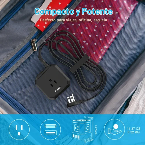 Vista 6 de TOPREK - Regleta de alimentación con USB, USB C (3.0 A) con 5 tomas, 2 USB-C y 2 USB-A, cable de extensión plano de 5 pies con enchufe plano