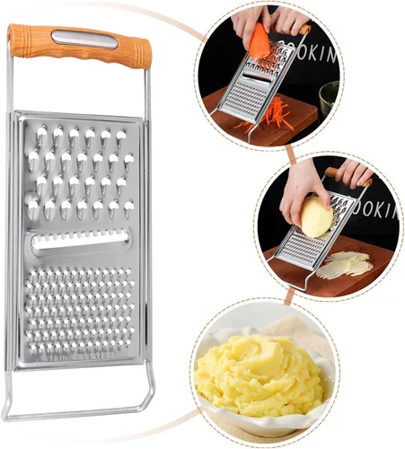 Vista 7 de Rallador de queso 3 en 1, cortador de mandolina, 2 piezas de acero inoxidable, cortador de verduras, triturador de juliana con mango de agarre
