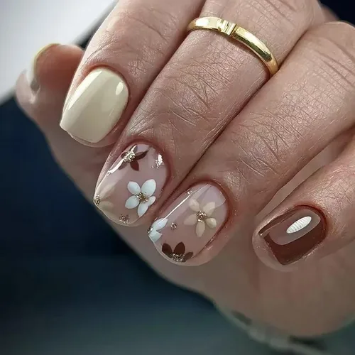 Vista 10 de Uñas postizas a presión de otoño, uñas postizas cortas cuadradas de MABKJLF con diseños de hojas de arce, pegamento brillante en uñas, uñas