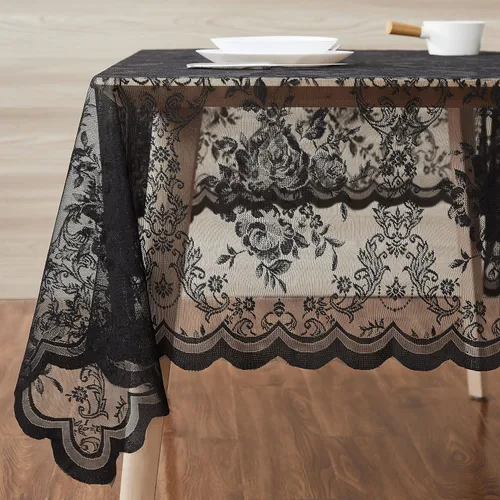 Vista 5 de Warm Home Designs Mantel redondo de 36 pulgadas con diseño de rosa inglesa para mesa auxiliar. LTC negro 36 pulgadas