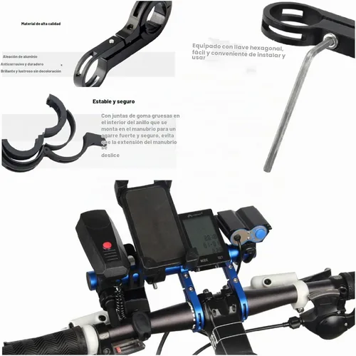 Vista 4 de Extensor de manillar de bicicleta, extensor de manillar de bicicleta con soporte de abrazadera de montaje doble, para soportes de bicicleta, barras