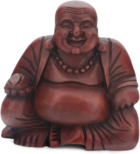 Vista 2 de Buddha Groove Estatua de Buda feliz de Polystone Hotei con acabado de caoba para uso en interiores