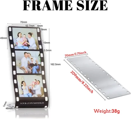 Vista 5 de Marco de fotos con tira de película personalizada, nombres y texto, rollo de cámara personalizado retro de aluminio, regalo de imagen con logotipo