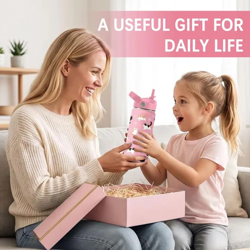 Vista 7 de Botella de agua para gatos, vaso de acero inoxidable de 16 onzas con pajita Rosa gato.
