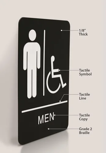 Vista 7 de Headline Letrero con texto en inglés "Ada", símbolo táctil accesible para hombres/sillas de ruedas, plástico, 6 x 9, negro/blanco