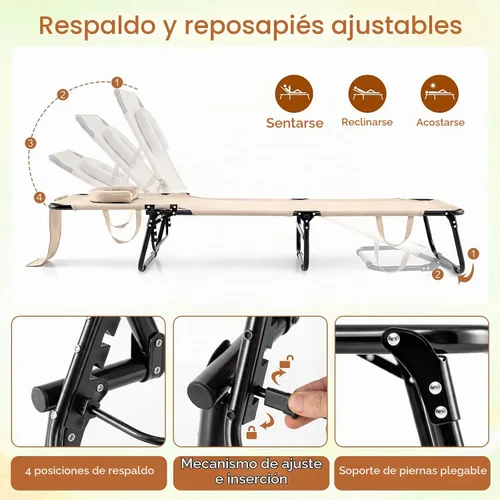 Vista 5 de Tangkula Sillón de playa, reclinable plegable para tomar el sol con agujero frontal, silla de bronceado boca abajo con respaldo ajustable de 4 Beige