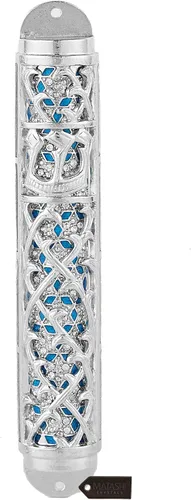 Vista 15 de Matashi Mezuzah para puerta con pergamino, pintado a mano esmalte azul Arca de Noé Mezuzah caso con jirafas, elefante y espinilla hebrea, decoración
