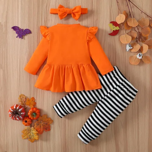 Vista 2 de Noubeau My 1st Halloween Baby Girl Outfits Ruffle Pumpkin Print Túnica Drees Camisa Pantalones Rayas Legging Otoño Invierno Ropa