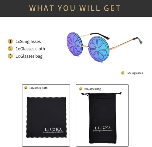 Vista 5 de LJCZKA Lentes de sol con espejo de limón para mujeres y hombres, gafas redondas sin montura de moda, únicas y creativas para fiestas, festivales