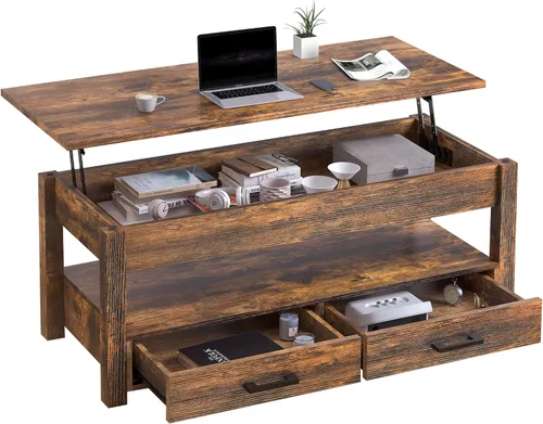 Vista 12 de FABATO Mesa auxiliar elevable de 41.7 pulgadas con 2 cajones de almacenamiento con compartimento oculto, estante de almacenamiento abierto para sala