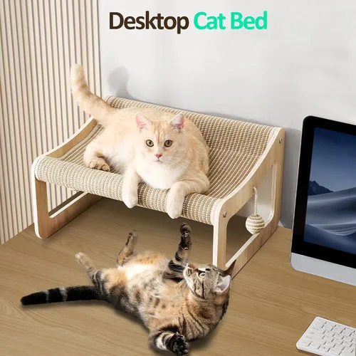 Vista 5 de Sisal - Cama rascador para gatos de interior, hamaca para almohadilla de rascar, silla elevada de sisal 2 en 1 para gatos con 2 bolas de juguetes