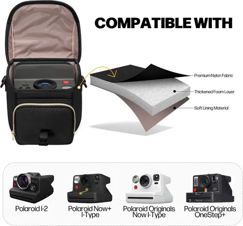 Vista 3 de Bolsa bandolera para cámara compatible con Polaroid Now 2ª/3ª cámara instantánea, bolsa cruzada con correa ajustable, color negro Crossbody Camera