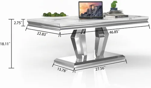 Vista 2 de Mesa auxiliar rectangular moderna de mármol blanco con parte superior de mármol de 0.71 pulgadas de grosor, base de acero inoxidable en forma de U