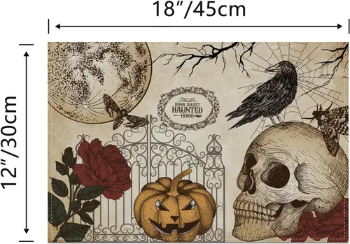 Vista 2 de Manteles individuales retro de Halloween, diseño de calavera gótica, Día de los Muertos, decoración y suministros de Halloween para la mesa