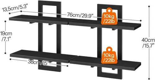Vista 3 de HOOBRO - Estantes flotantes, juego de 2 estantes de pared de 15 pulgadas, estantes de almacenamiento montados en la pared de 2 niveles, estantes