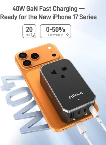 Vista 6 de EPICKA Air 40W Adaptador de viaje universal, adaptador de corriente internacional de carga rápida PD con 1 AC y 4 puertos USB, artículos compactos
