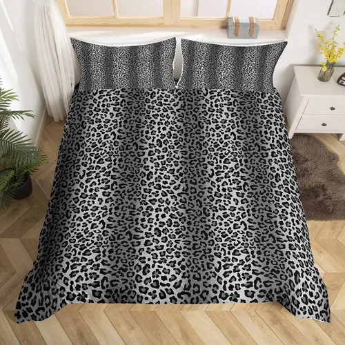 Vista 26 de Juego de funda de edredón con estampado de leopardo abstracto, tamaño individual, juegos de ropa de cama de piel de guepardo negro y gris
