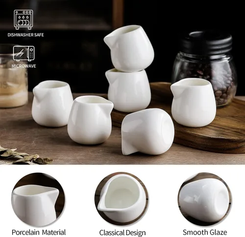 Vista 4 de Jarras de crema de cerámica de 3 onzas, mini jarra de crema, cremas clásicas de porcelana blanca para café, té, leche, mermelada, salsas, paquete