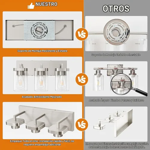 Vista 6 de Lámparas de baño de 3 luces sobre espejo, luces de tocador de níquel cepillado con pantalla cuadrada de vidrio transparente. Moderna lámpara