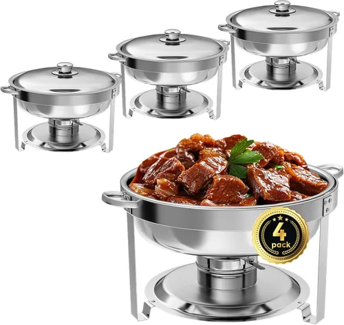 Vista 21 de IMACONE Juego de Bandejas Calentadoras de Buffet 4 Piezas, 5QT Redondas de Acero Inoxidable con Tapa de Vidrio para Catering, Conjuntos