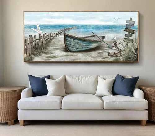 Vista 15 de Arte de pared para baño, decoración costera, barco náutico en la playa, lienzo con imagen de gaviota del océano, paisaje marino, arte de granja