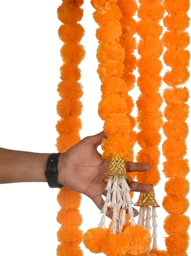 Vista 7 de 5 guirnaldas de caléndula de 5 pies de largo para decoración de hebras largas, flores artificiales de caléndula Decoración india para Pooja Boda