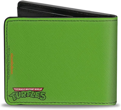Vista 2 de Nickelodeon Buckle-Down - Cartera plegable de poliuretano estándar para hombre, estilo clásico TMNT Michaelangelo Face Close-UP verdenaranja