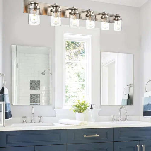 Vista 2 de BONLICHT Lámpara moderna de montaje en pared de níquel cepillado, lámpara de tocador de baño, aplique de pared de granja, 6 luces, accesorios