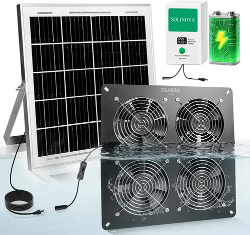 Vista 10 de Extractor solar, panel solar de 25 W y 2 ventiladores con batería de 7500 mAh, impermeable IP68, para gallinero, cobertizo, invernadero, casa