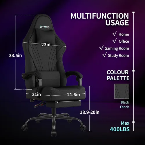 Vista 3 de Silla de juegos, sillas de juegos grandes y altas para adultos con reposapiés y soporte lumbar, cómoda silla de computadora de tela ergonómica