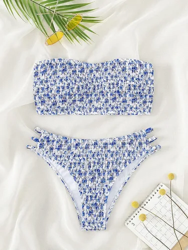 Vista 5 de WDIRARA Conjunto de 2 piezas para mujer, traje de baño de bikini con estampado floral fruncido