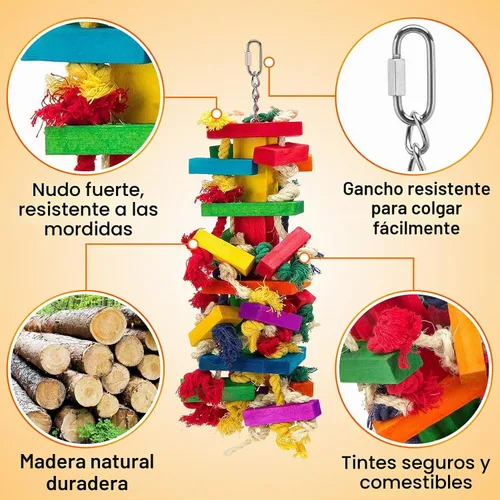 Vista 3 de Juguetes para pájaros de madera natural extra grandes para guacamayos, gris