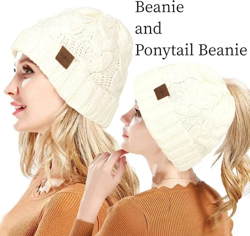 Vista 2 de Rosoz Gorro de cola de caballo para mujer, gorro cálido de invierno, suave, elástico, de punto trenzado, para moño alto