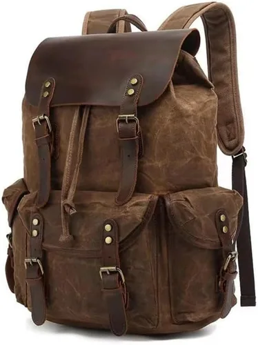 Vista 9 de Mochila de cuero genuino y lona encerada para viaje, mochila para portátil, Negro2, Mochilas de viaje
