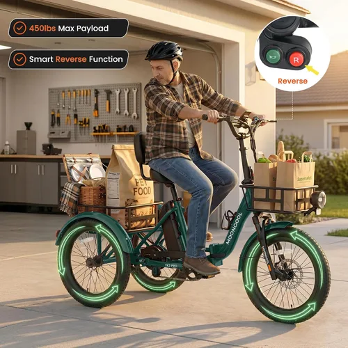 Vista 7 de MOONCOOL Triciclo eléctrico plegable para adultos, E-Trike de aluminio de 20 pulgadas con función de marcha atrás y opciones de largo alcance, Plata