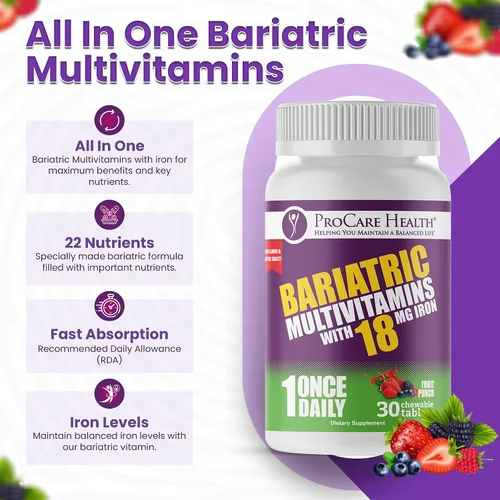 Vista 6 de ProCare Health Multivitamínico masticable bariátrico con hierro de 18 mg (30 tabletas) – Multivitamínico bariátrico con sabor a ponche de fruta