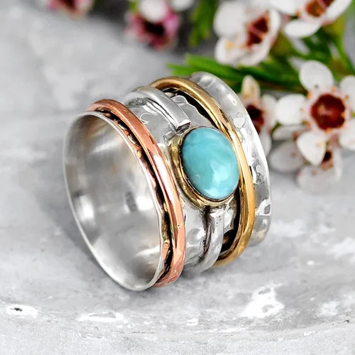 Vista 5 de Boho-Magic Anillo giratorio de plata de ley 925 con larimar para mujer con cobre y latón