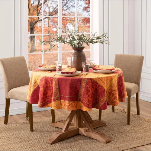 Vista 2 de Elrene Home Fashions Mantel redondo de algodón jacquard con hojas de arce para otoño/cosecha/Acción de Gracias, 70 x 70 pulgadas